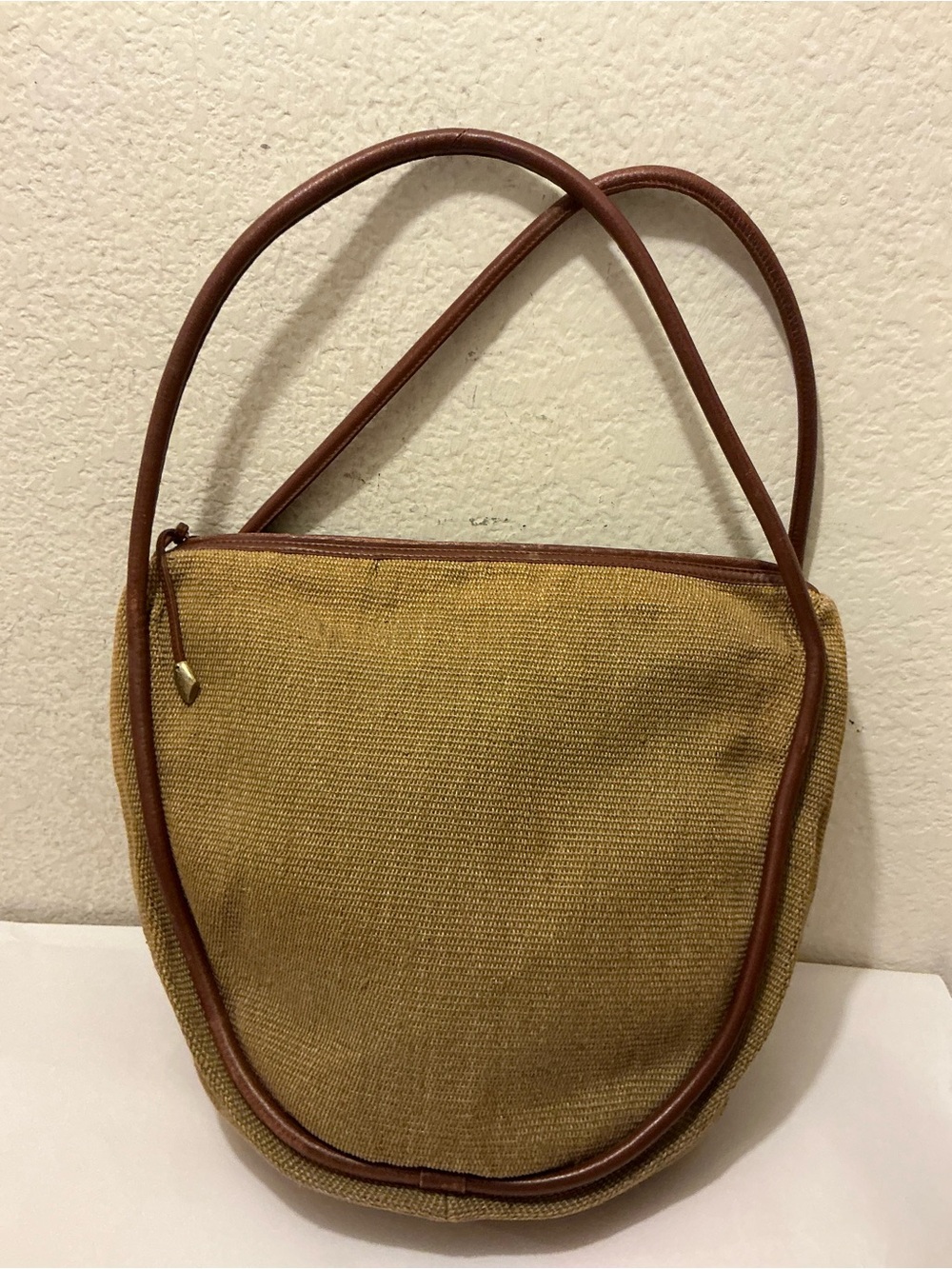 De Vecchi Tan Canvas Shoulder Bag with Brown Trim